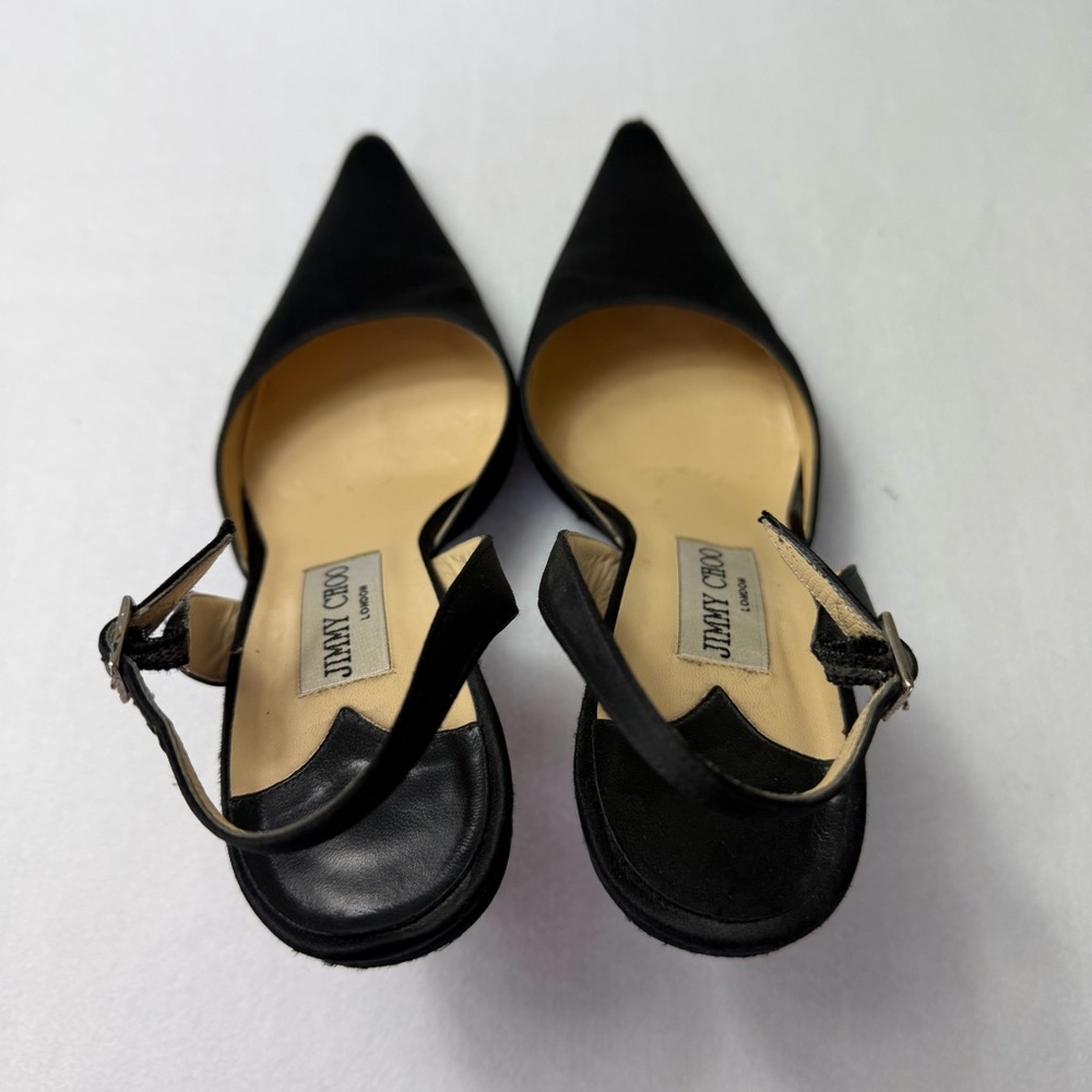 Jimmy Choo Syria Slingback Heels Black Satin Pointed Toe 37 85mm Classic - Picture 12 of 14